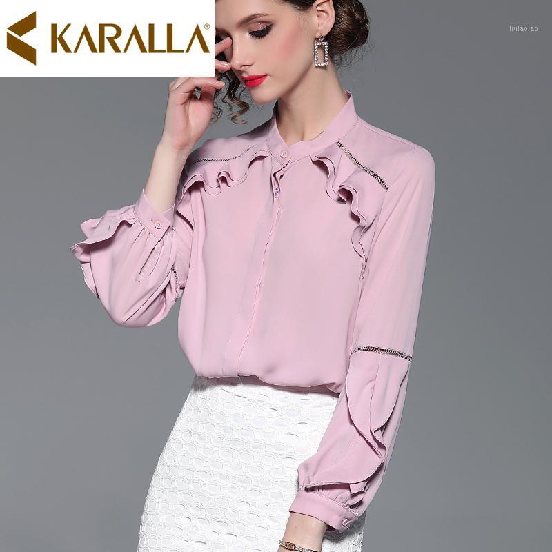 

Women' Blouses & Shirts Design Flounces Women Casual Tops Lantern Sleeve Chiffon Shirt Female Contracted Pure Color Stand Collar Temperamen, Pink