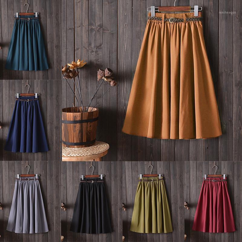 

Skirts Fashion Summer Women Long With Belt High Waist Elegant 2022 A-line Chic Mid-calf Umbrella Literary Style Skirt, 03