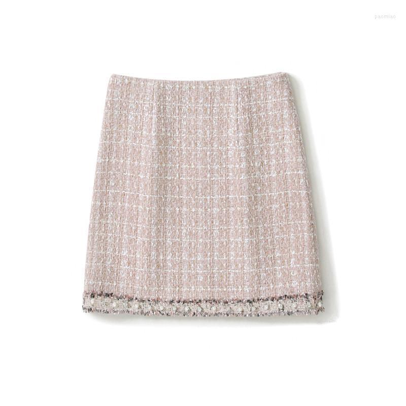 

Skirts Handmade Luxury Skirt For Women Fashion Vintage Tweed Beading High Waist Package Hip Short, Pink