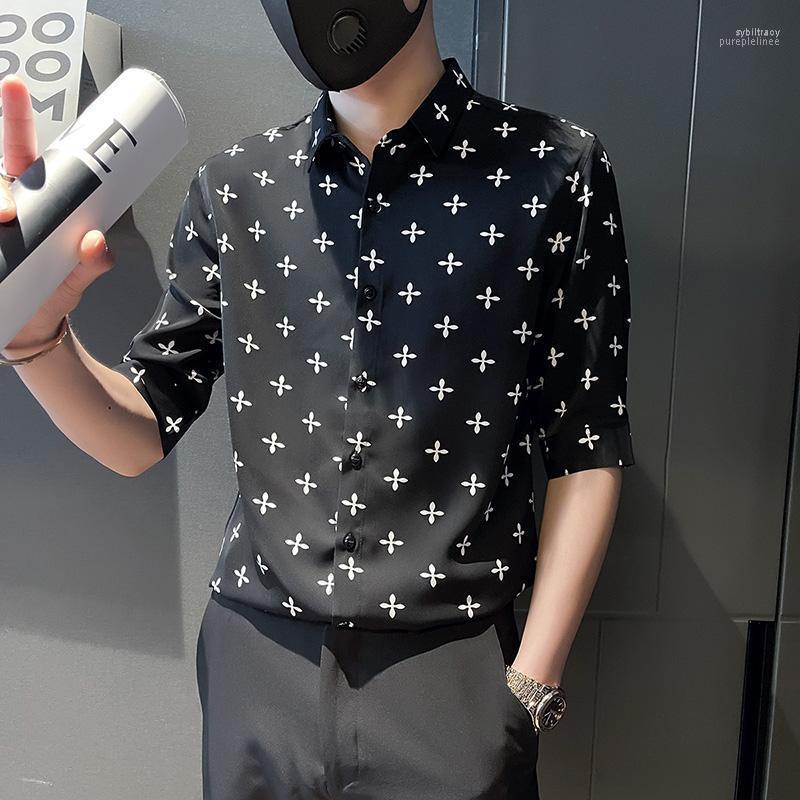 

Men's Casual Shirts Fashion Floral Print For Men 2022 Summer Half Sleeve Slim Shirt Social Party Clothing Streetwear Tuxedo BlouseMen's Sybi, Black