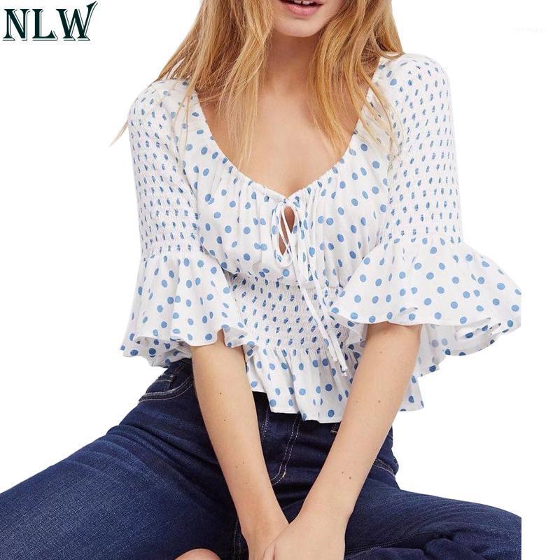 

Women's Blouses & Shirts NLW White Polka Dot Chiffon Blouse Shirt Ruffle Peplum Summer Top Flare Half Sleeve O Neck Sexy Fashion Crop Black