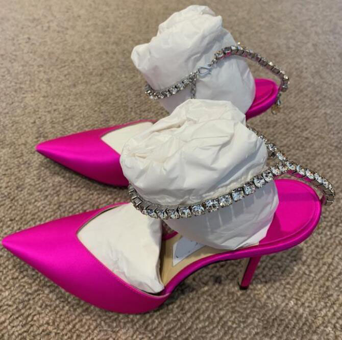 

luxury Design London Saeda 100 Satin Stilettos Sandals Sexy Lady Bridal Pumps Wedding Dress Shoes Women High Heels Pointed Toe Crystal Strap Walking Nice Size 35-43