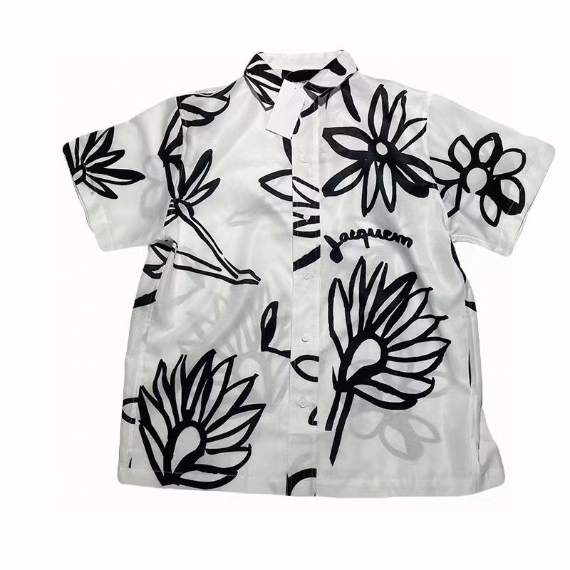 

Europe France Paris Tee Hawaii Beach Hand Painted Flowers Silk Casual Shirt Blue Check Spring Summer Cool Hip hop Short Sleeve, White