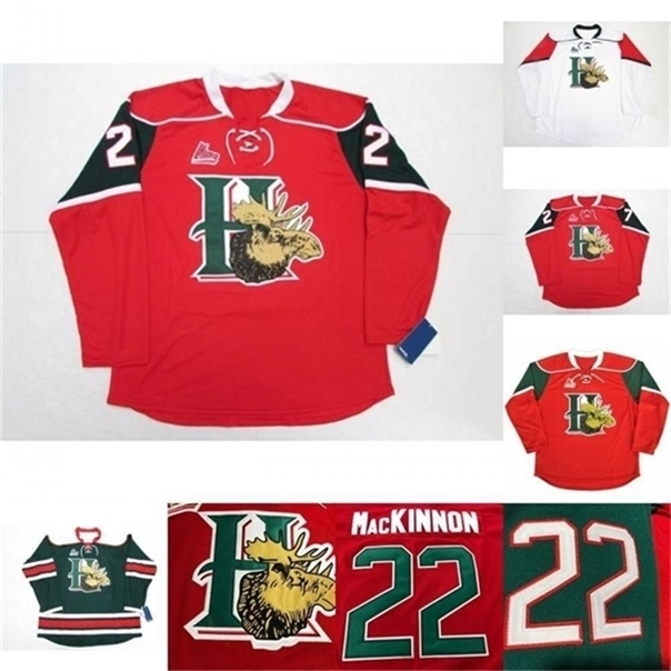 

C26 Nik1 Halifax Mooseheads 2012 Pres 22 Nathan MacKinnon 27 Jonathan Drouin Hockey jersey Home Red Stitched Logos embroidered Jerseys