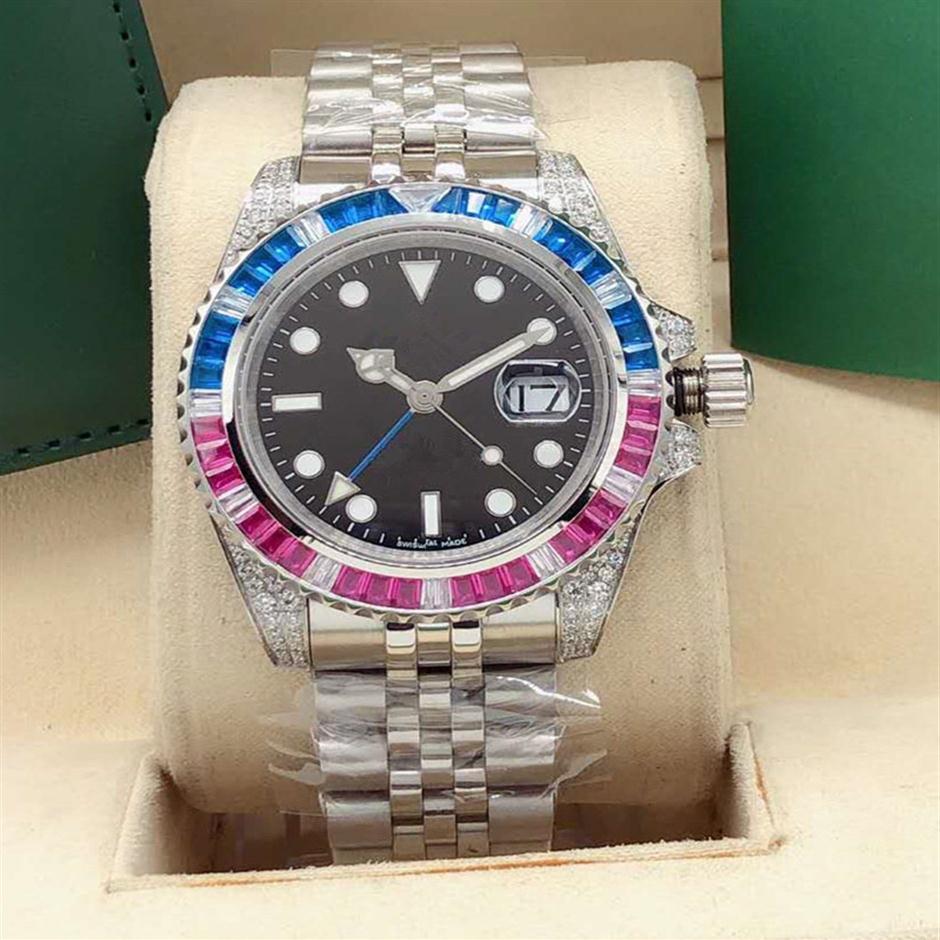 

GMT Rainbow diamond ring stainless steel men's fashion mechanical watch294g, Black