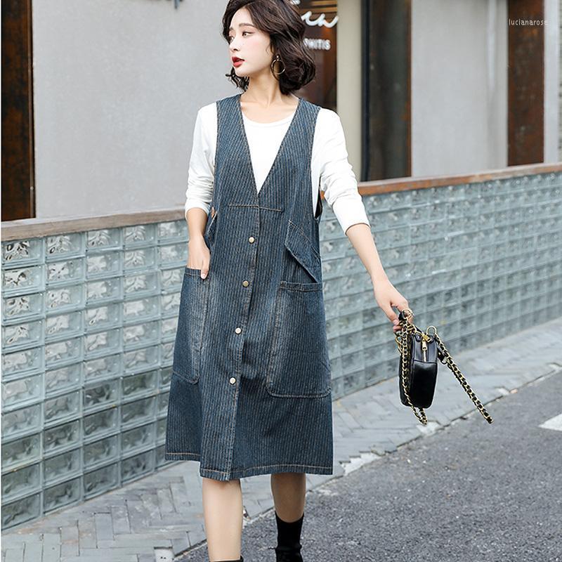 

Women' Vests Denim Vest Women 2022 Spring Fall Loose Femme Waistcoat Striped Outercoat Cardigan Mid-Length Jeans Jacket Chaleco Mujer Luci2, Photo color