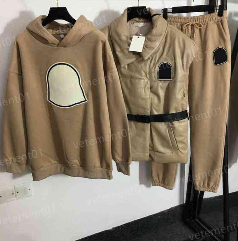 

Womens Two Piece Pants Warm 3 Piece Sets Belt Down Jacket Vest And Big Logo Long-sleeved Fleece Hoodies And Thickened Sweatpants Luxury Designer Tracksuits