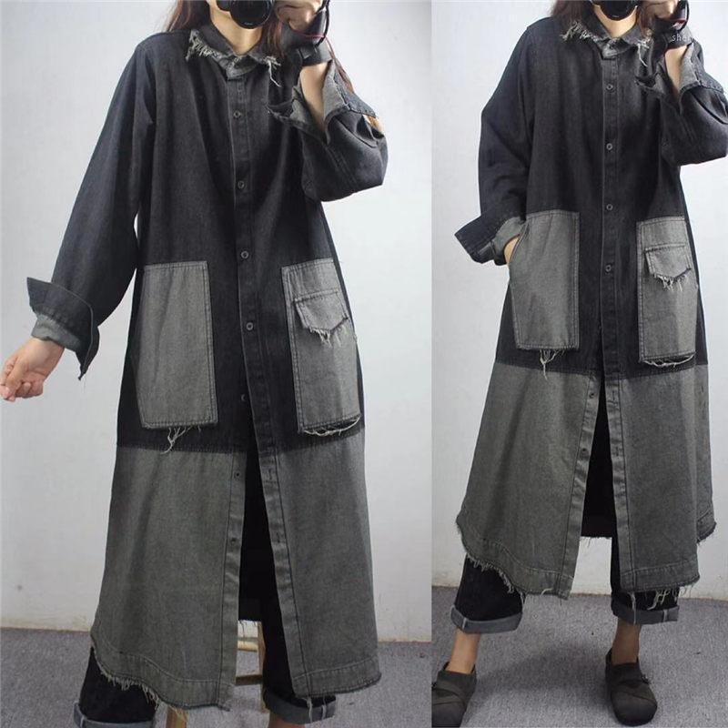 

Women's Trench Coats Personalized Plus Size Retro Patch Denim Windbreaker Women 2022 Spring Fashion Trend Casual Long Jacket Harajuku Coat K, Black