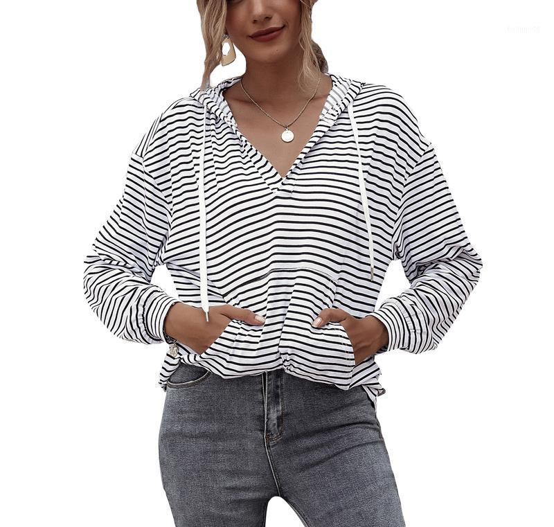 

Women Hoodies Striped Printed Long Regular Sleeve V-neck Hooded Collar Female Outfits Ladies Clothing Women' & Sweatshirts