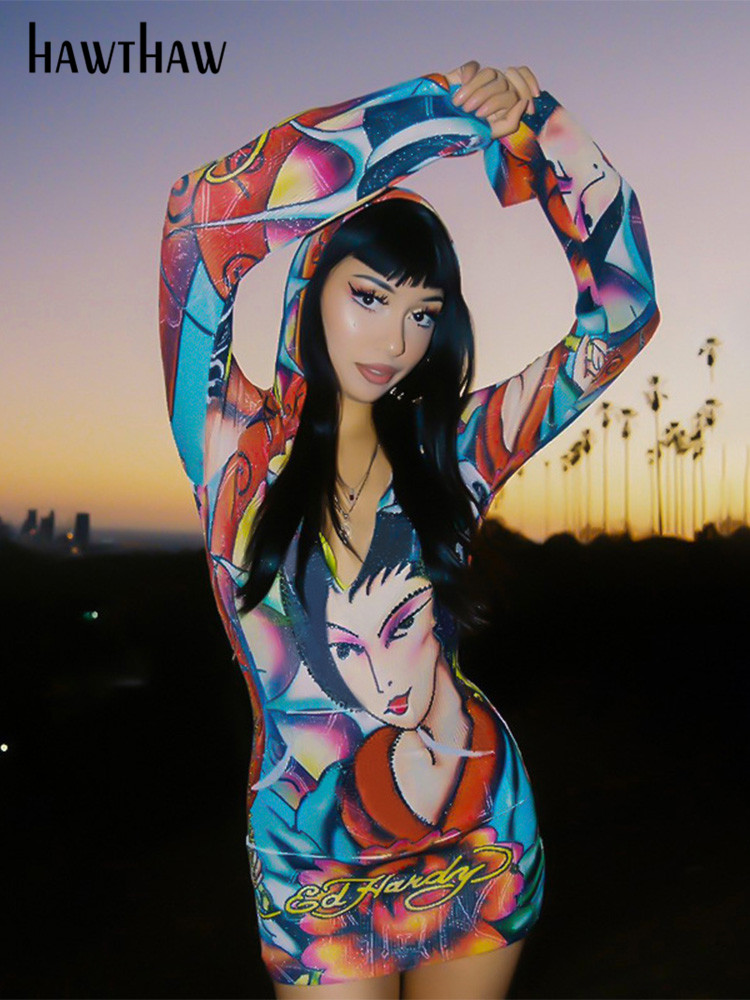 

Hawthaw Women Fashion Long Sleeve V Neck Printed Bodycon Mini Dress 2022 Spring Autumn Clothes Wholesale Items Dropshipping, Multi