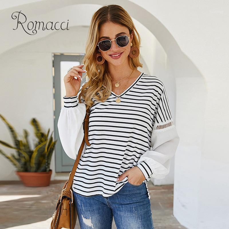 

Women' Blouses & Shirts Fashion Women Long Sleeve Blouse Casual Loose Pullover V Neck Stripe Pattern Print Lantern Tops Black 2022