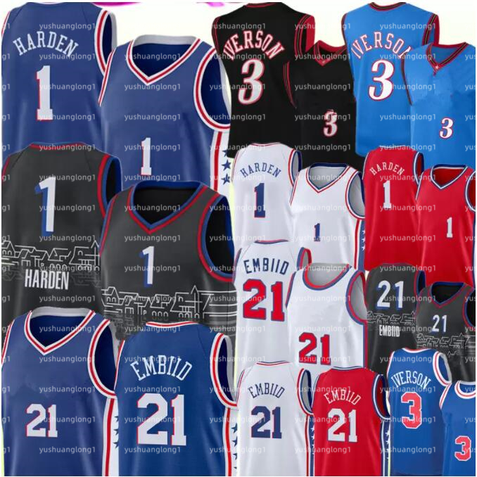 

James 1 Harden Joel 21 Embiid Basketball Jersey retro allen 3 iverson jerseys Julius 6 Erving Shirt 75th Anniversary, As