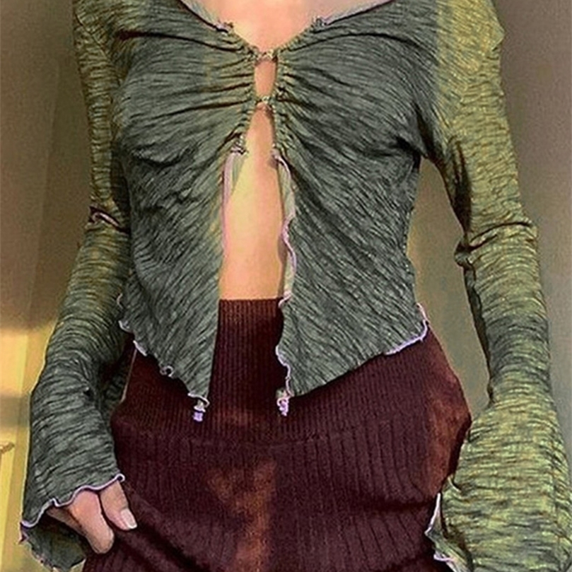 

ALLNeon 90s Aesthetics Ruffles Button Green T-shirts Y2K Fairy Grunge V-neck Flare Sleeve Ruched Slit Crop Tops Sexy Tee Vintage 220407