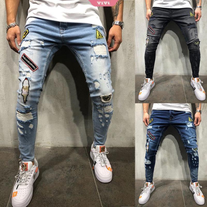 

Men' Jeans Fashion Skinny Ripped Slim Stretch Denim Medal Wear Scratches Hollow Long Boy Zone