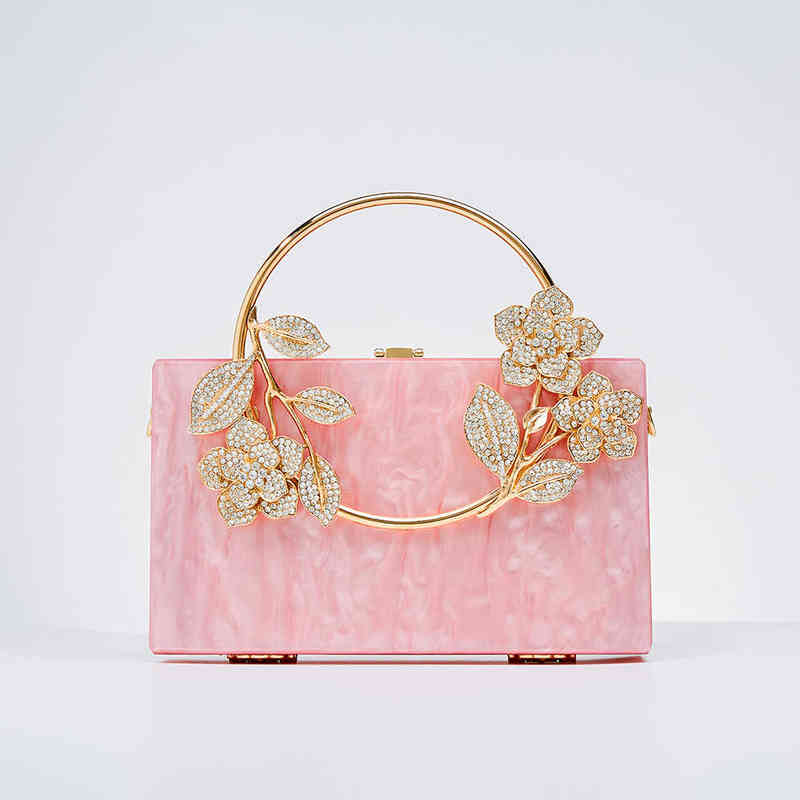 

Evening Bag Women Rhinestone Acrylic Box Clutch Bag for Wedding Party Metal Diamond Ring Handle Novelty Purse and Handbag Luxury 220622, Pink