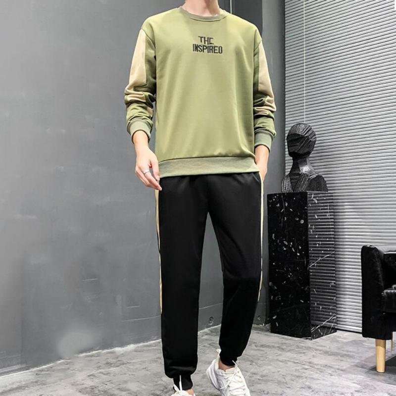 

Men's Tracksuits Pullover 2 Pcs/Set Fabulous All Match Br O Neck Sweatshirt Suit Two-piece For Jogging, Khaki