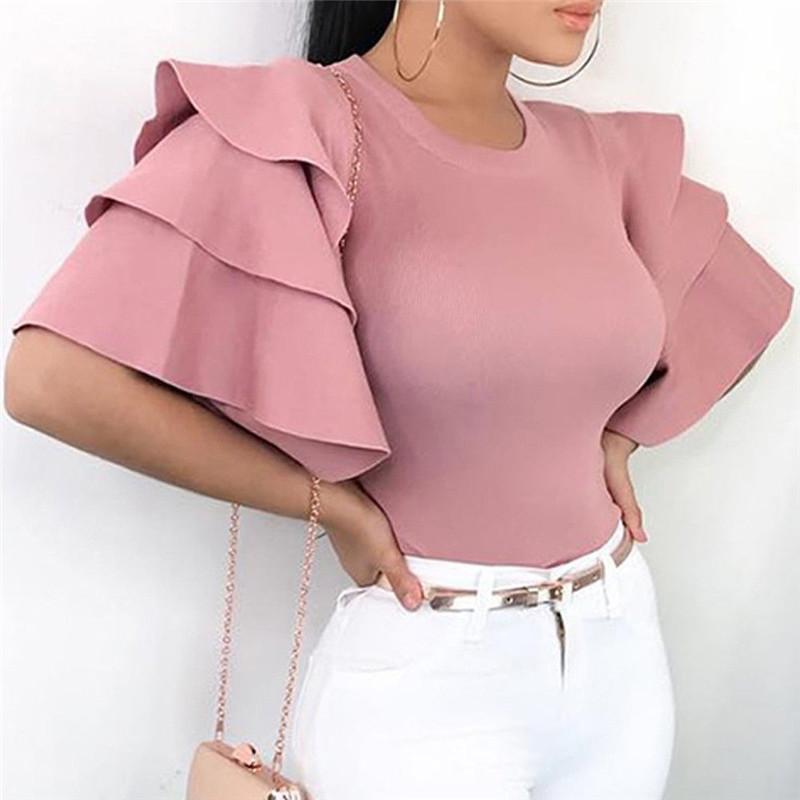 

Women' Blouses & Shirts 2022 Women Summer Blouse Elegant Butterfly Sleeve Ruffles OL Work Solid Color Ladies Top, Pink