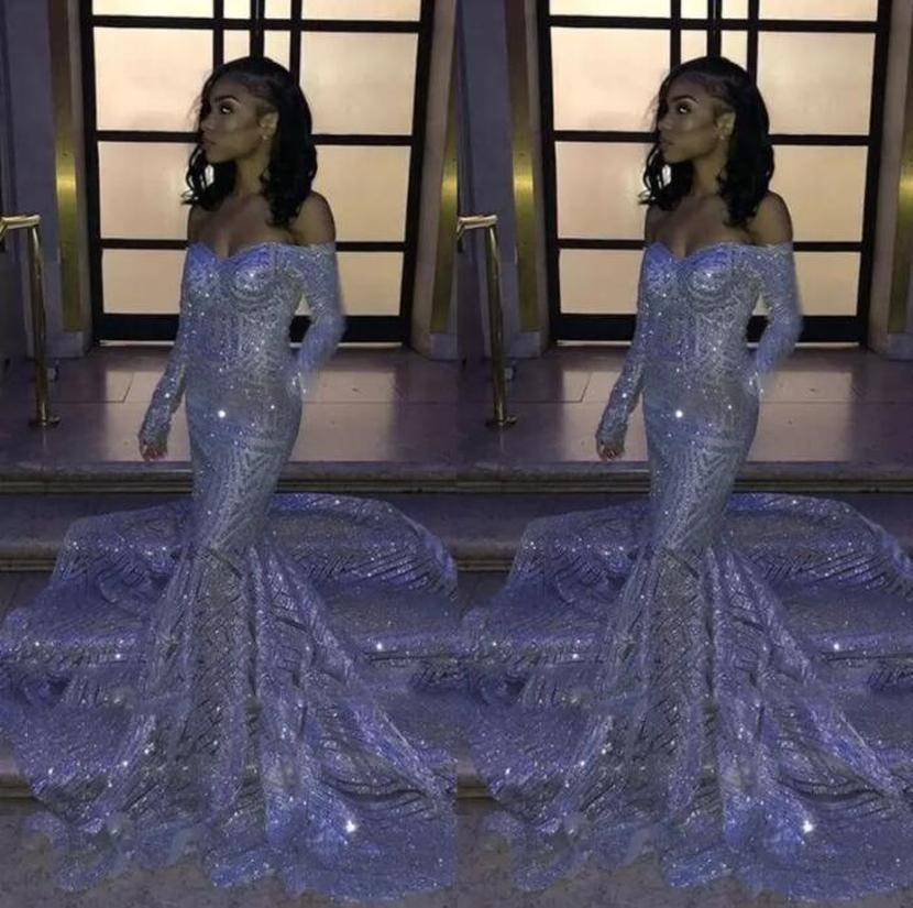

2022 Black Girl Silver Sequins Off-the-shoulder Mermaid Prom Dresses Long Sleeves Sweep Train Reflective Evening Gowns BC3306 B0413, Same as picture