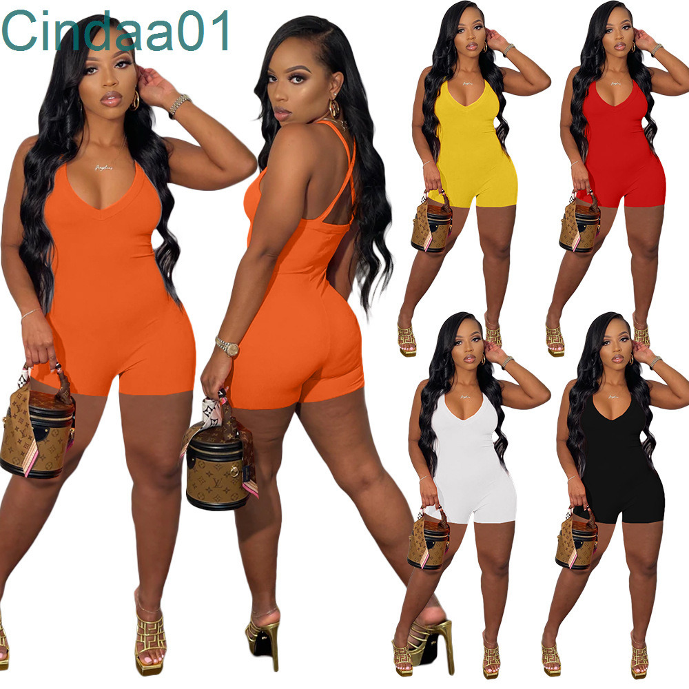 

2022 Summer Designer Rompers New Womens Sleeveless One Piece Shorts Jumpsuit Sexy Open Leg Waist Backless Pants, Yellow