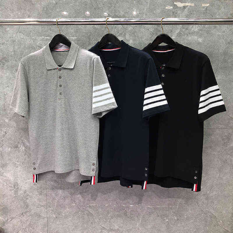 

TB THOM 2022 Summer T-Shirts Classic Korean Style Cotton Men's Polo Shirt 3/1 Button Sleeve Stripes Fashion Causal Women Top, Navy blue