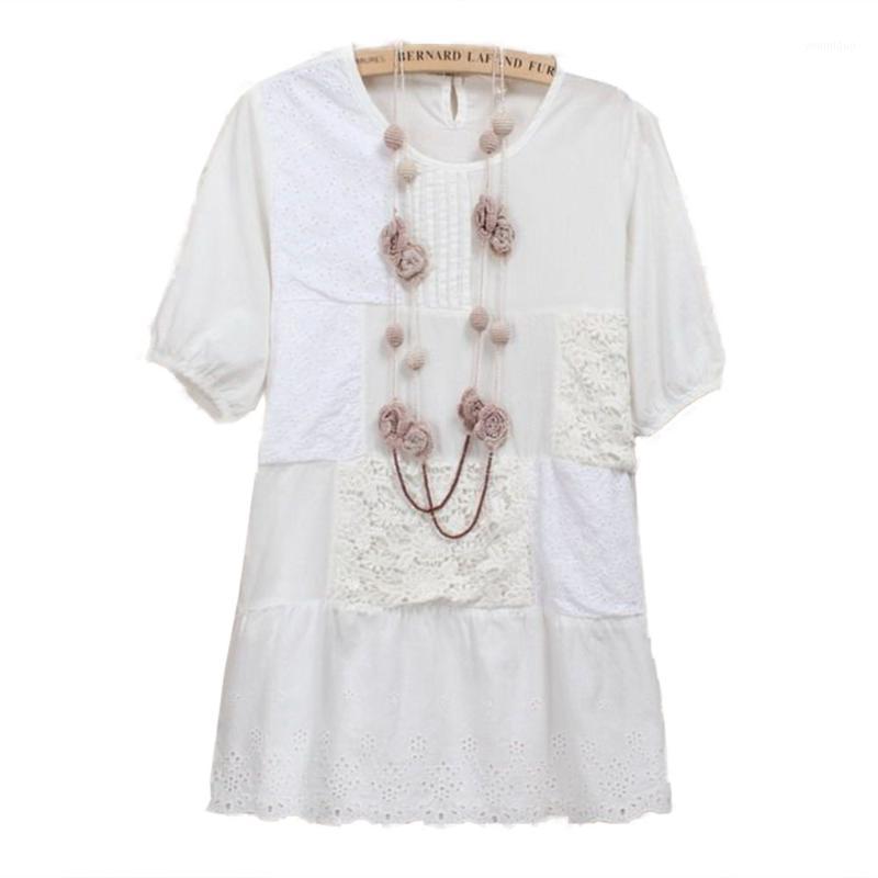 

Women Cotton Shirts 2022 Spring Short Sleeve Splice Lace Hem Embroidery White Blouse Tops Blusas Feminine Blouses Y03683 Women's &, White no necklace