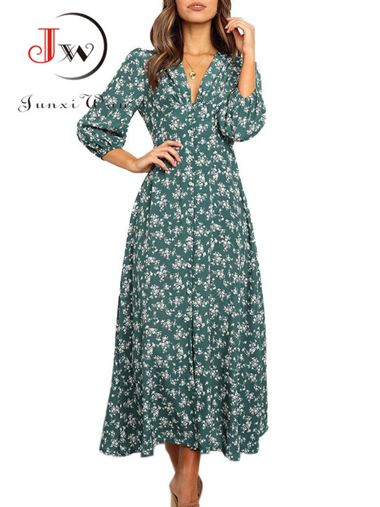 

Women Chiffon Long Dress Floral Print Lantern Sleeve A line Maxi Vestidos Autumn Elegant Vintage V Neck Winter Dresses 220721, Blue dress