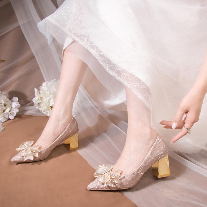 

Dress Shoes Chung-heeled Female Hostess Wedding Xiuhe Two Wear Spring Champagne Butterfly High HeelsDress, Gold