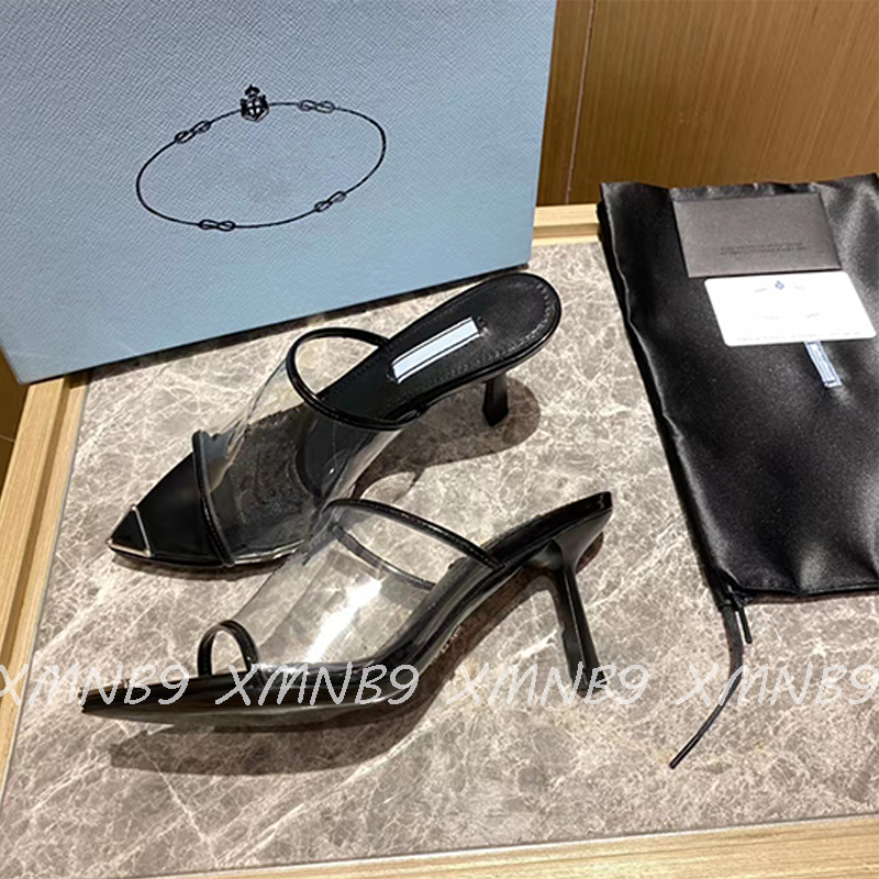 High Quality Sling Back Sandals Women Luxurys Slides Slippers Black White High Heels Casual Shoes Transparent Summer New 7.5cm 35-42