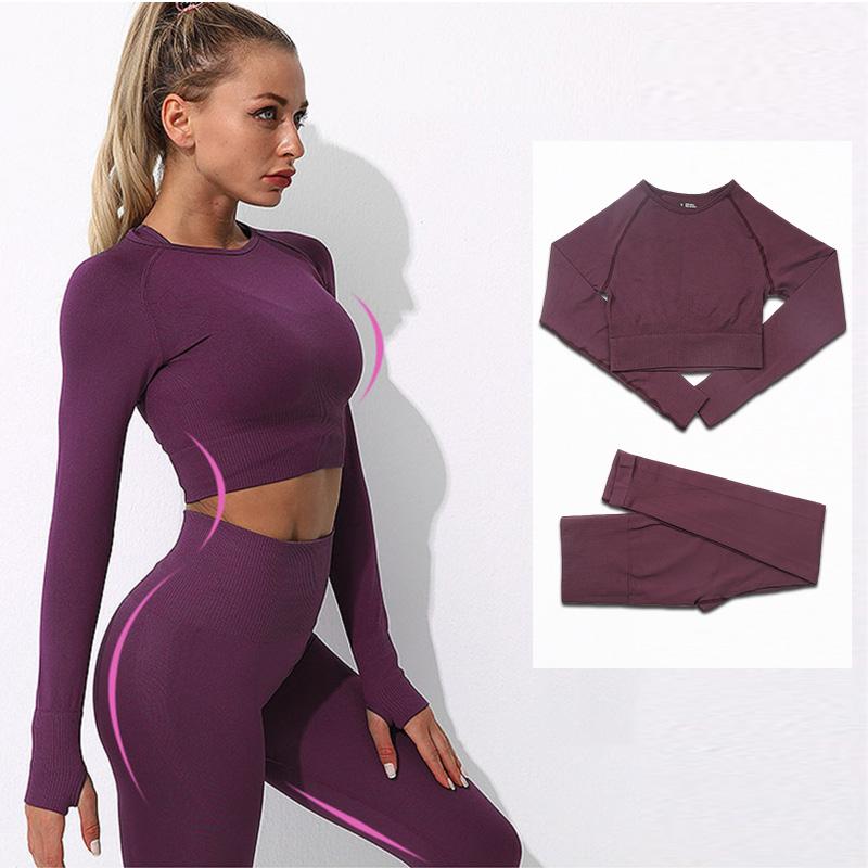 

Yoga Outfit Sport Wear Women Set Long Sleeve Crop Top Vital Seamless Leggings High Wiast Two Pieces Clothes Workout Gym SuitYoga, Black