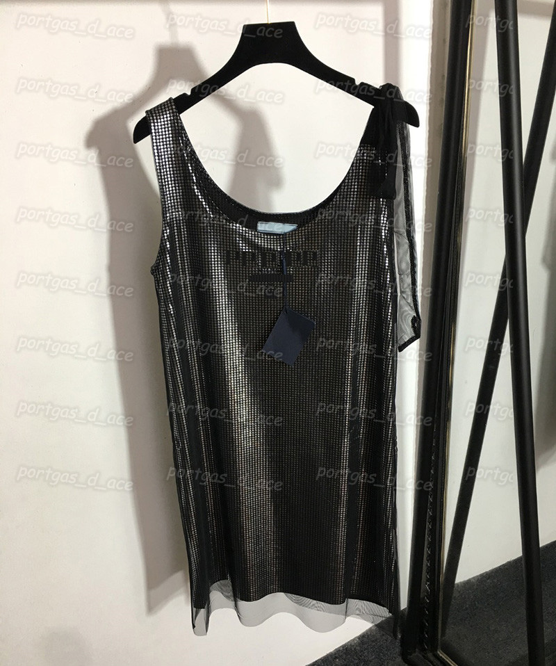 

Sparkling Womens Tank Dress Sexy Casual Chiffon Vest Dresses with Belt Fashion Letters Crystal Design Camisole Dress for Women, With label #20222695