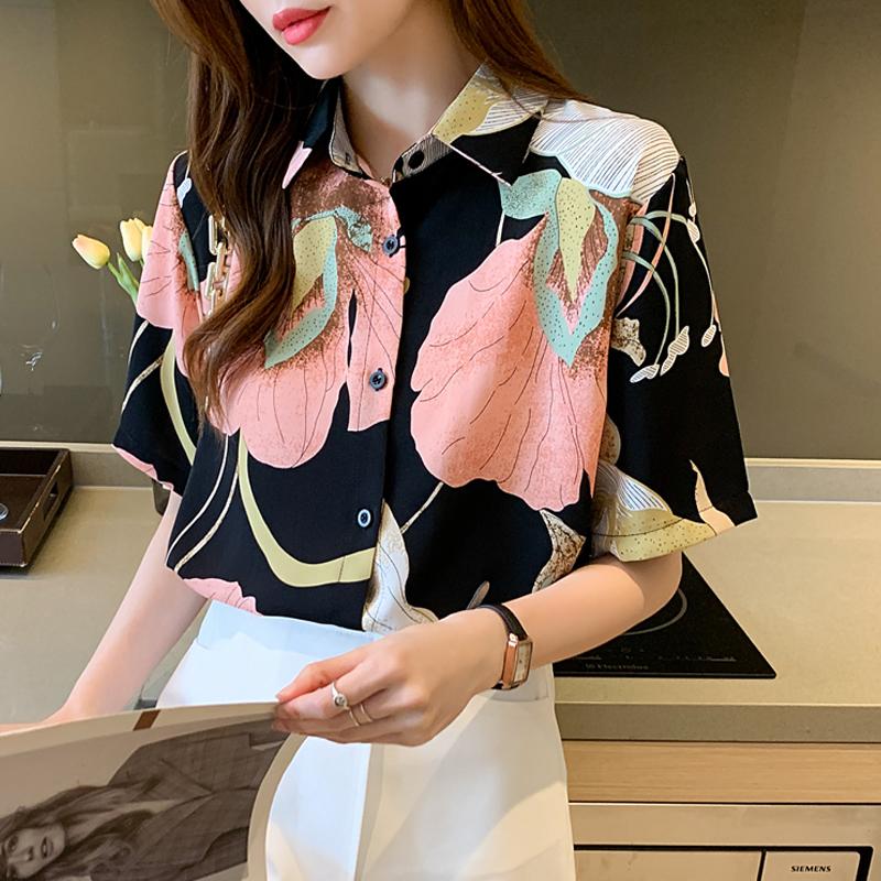 

Women' Blouses & Shirts Fashion Flower Printing Casual Ladies Women' Chiffon Spring Summer Short Sleeve Tops Blusas MujerWomen, Multi