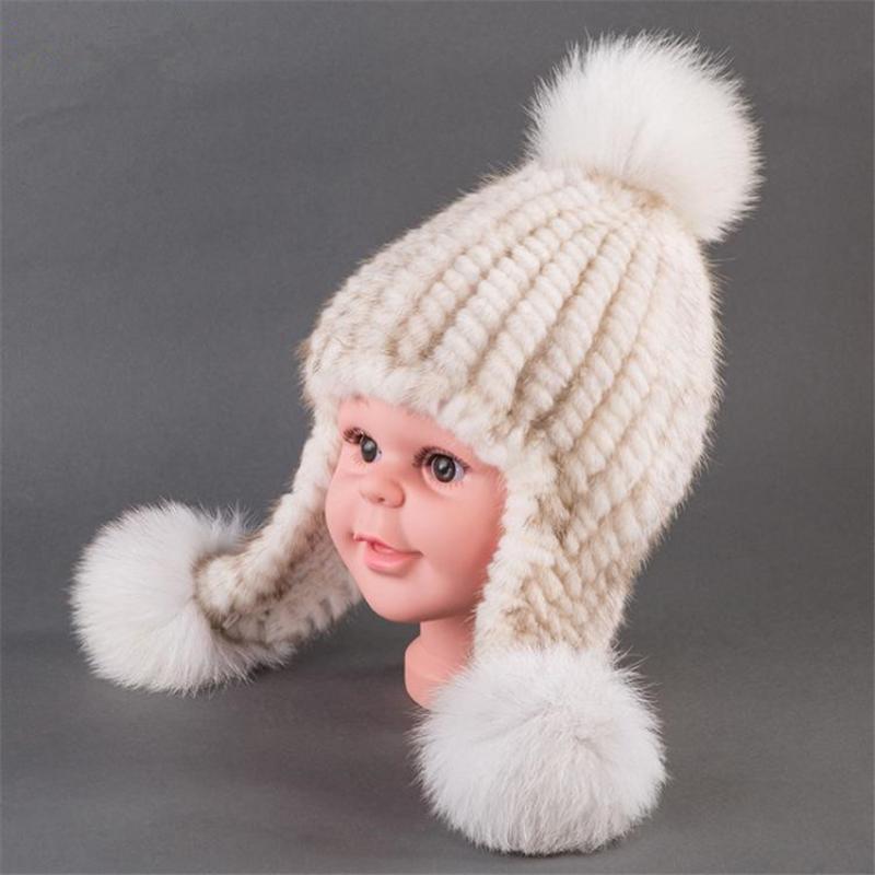 

Berets Kids Hat Winter Boy Warm Real Hats For Girls Natural Pompom Cap With Earflap Children H39, Black