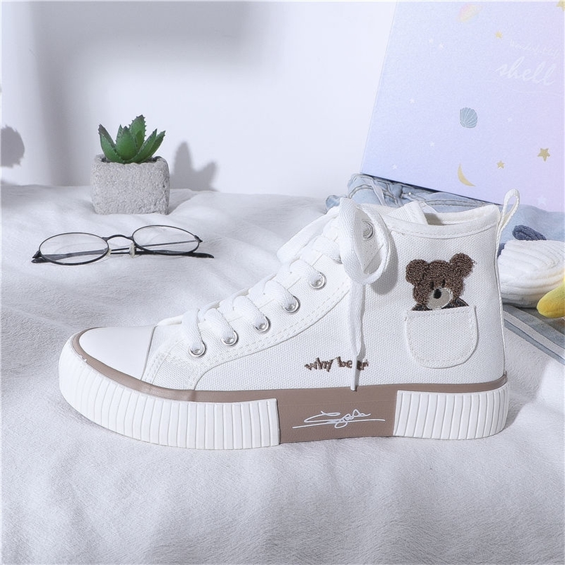 

Womens Sneakers Kawaii Shoes Sports Vulcanized High Top Flats Casual Fashion Bear Spring Cute Harajuku Canvas Drop 220804, White