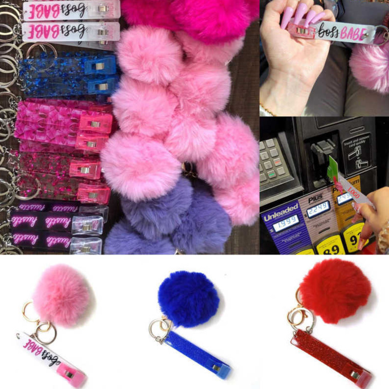 

Cute Credit Card Puller Pompom Key Rings Acrylic Debit Bank Card Grabber For Long Nail Atm Rabbit Fur Ball Keychain Pink Cards Clip Nails Keychains