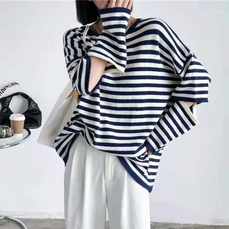 

Women's Sweaters Alien Kitty Autumn 2022 Hollow Out Women Stripes Elegant Outwear Pullovers Knitted Gentle Office Lady Jumpers, Blue