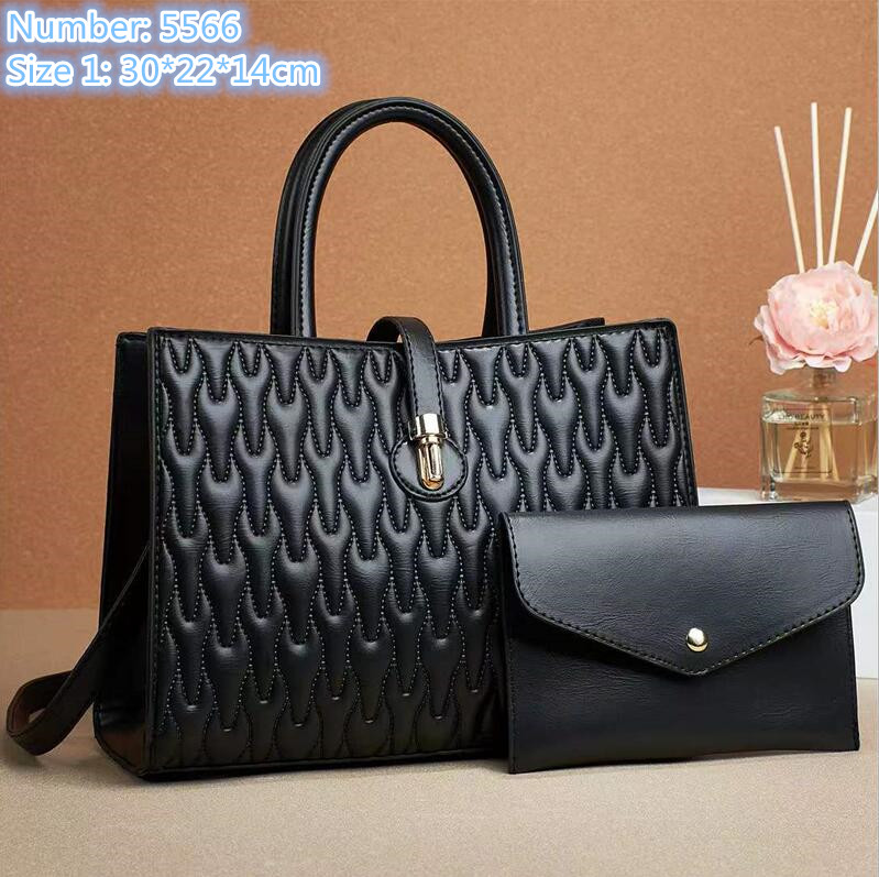 

Wholesale ladies leathers shoulder bags high quality Joker solid embroidered handbag elegant plaid tote bag large capacity two-piece leather handbags, Black1-5566