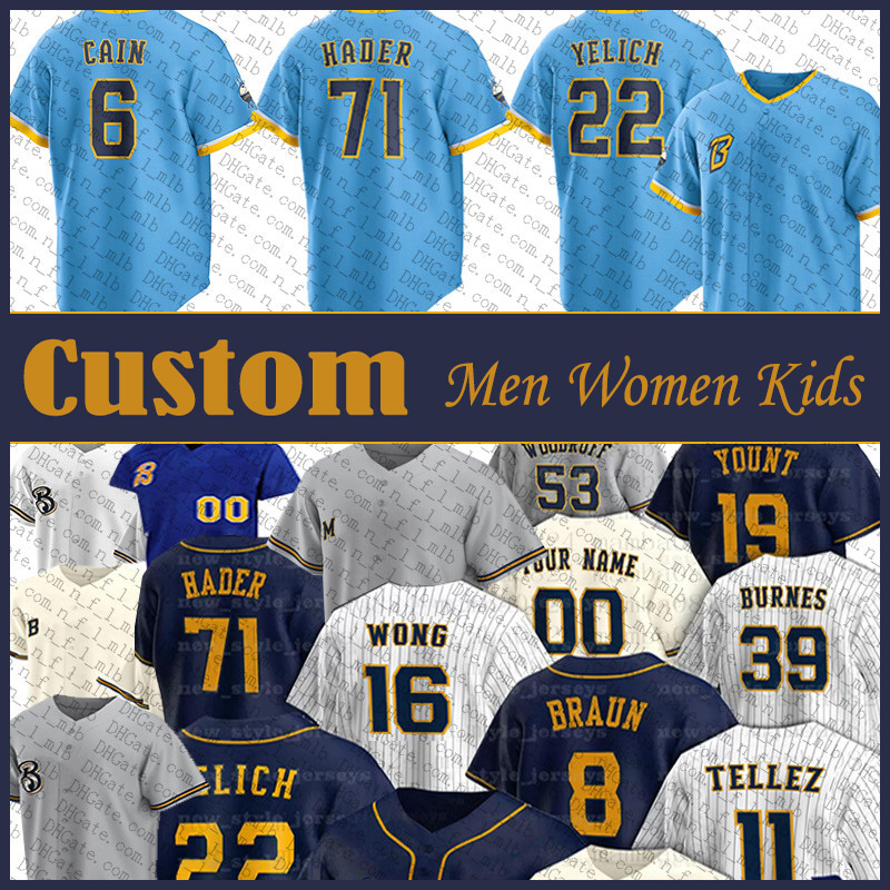 

22 Christian Yelich 71 Josh Hader Custom Baseball Jersey 39 Corbin Burnes Devin Williams Lorenzo Cain Willy Adames Brad Boxberge Kolten Wong Rowdy Tellez Robin Yount, Shown