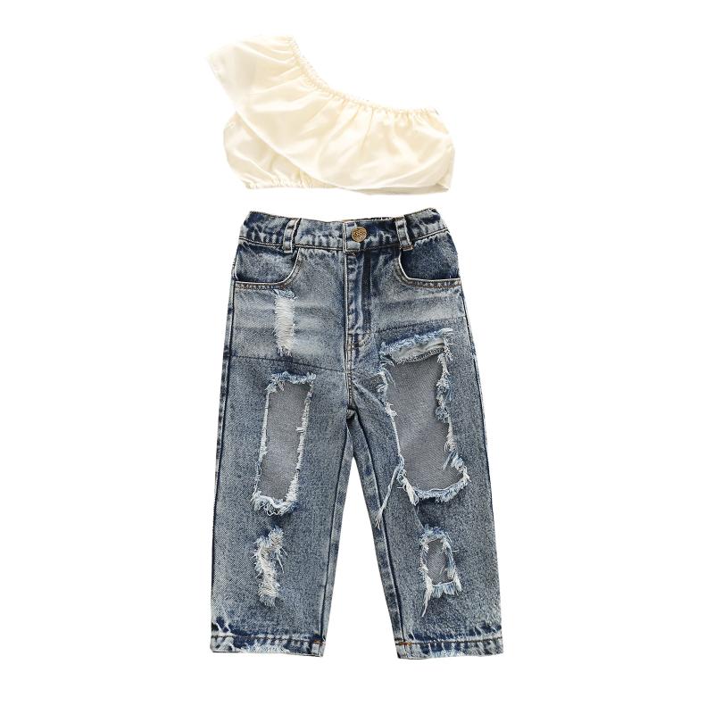 

Clothing Sets 2Pcs Kids Summer Outfits Solid Color Flounce One-Shoulder Sleeveless Crop Tops Ripped Jeans For Girls 18 Months To 6 YearsClot, As pic