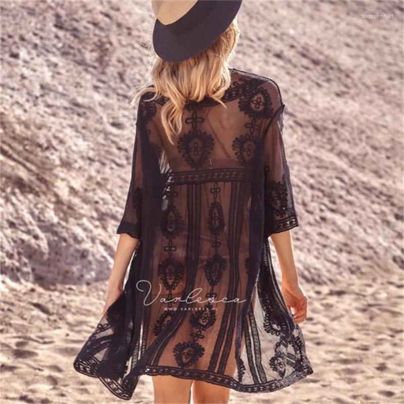 

Lace Fabric Bikini Cover Ups Cardigan Holiday Beach Blouse Sun Proof Clothing Women Swimsuit Up Woman Women's Swimwear, White