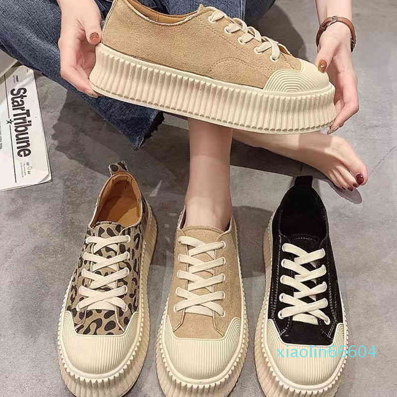 

Fashion-Sandals Leopard canvas shoes women's spring thick soled high biscuit , versatile Korean round head lace up board, Black