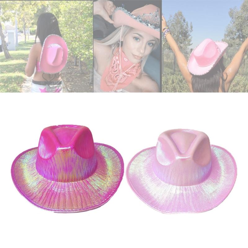 

Berets Funny Party Hats Cowboy Hat For Women Cowgirl Costume Space Holographic Rave, Pink