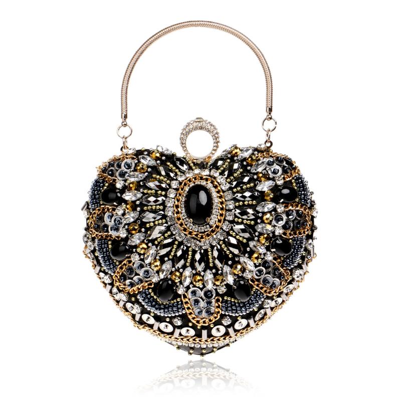 

Evening Bags Heart Women Bag Finger Ring Diamonds Purse Clutch Chain Shoulder Emroidery Messenger Beaded Rhinestones Weeding YM1127Evening, Black