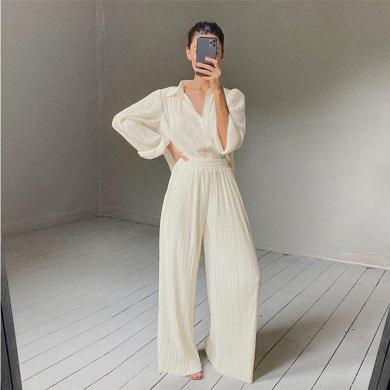 

Women's Two Piece Pants Underwear Women Set 2022 Winter Long-sleeved Lapel Pleated Shirt Wide-leg Mopping Drape Trousers Suit Solid Color, Dark pink pants