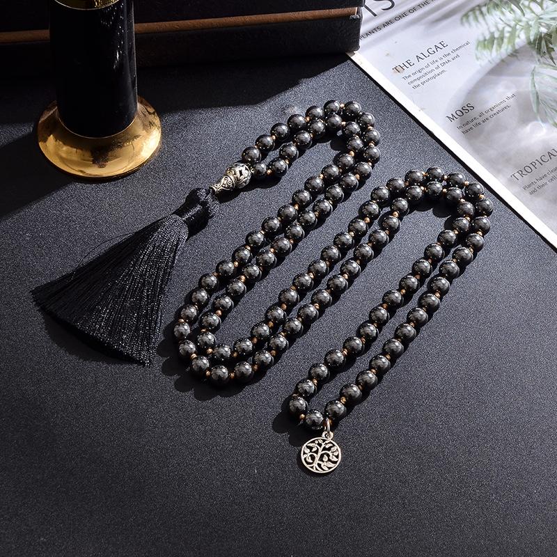 

Pendant Necklaces 8mm Black Hematite Beaded Knotted Necklace 108 Mala Meditation Yoga Blessing Jewelry Men Women Prayer Japamala RosaryPenda
