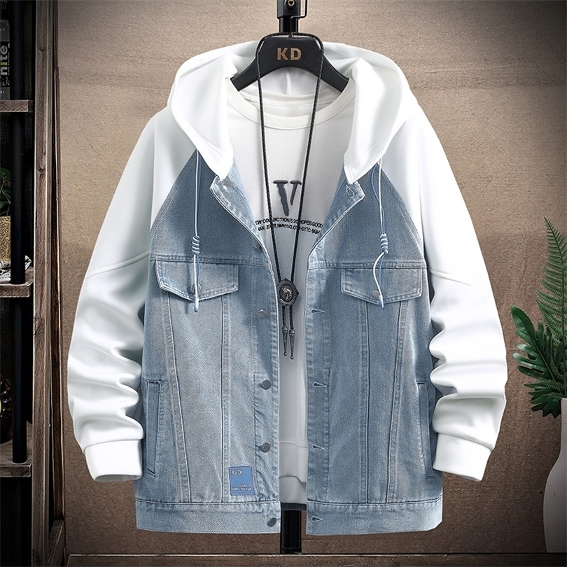 

Men Denim Jacket Streetwear Hip Hop Mens Hooded Jean Jackets Male Casual Loose Outerwear Spring Fashion Slim Fit Coat W220815, White