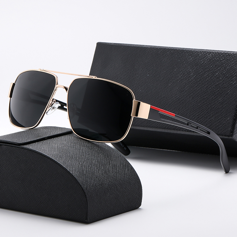 

Vintage Square Metal Sunglasses Mens Driving Polarized Black Grey Rectangle Frame Outdoor Gradient Gun Grey Red Line Decorative Arm Designer Men Glasses