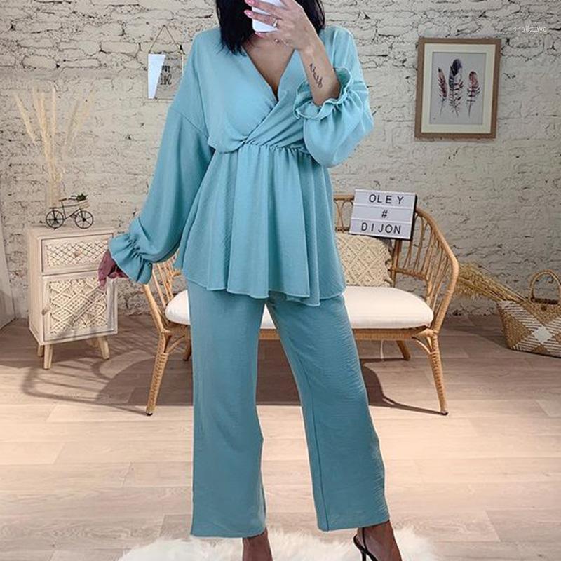 

Women's Two Piece Pants ZOEPO V Neck Suits Women Fashion Flare Sleeve Loose Suit Elegant Pockets Ankle Length Female Ladies, Blue