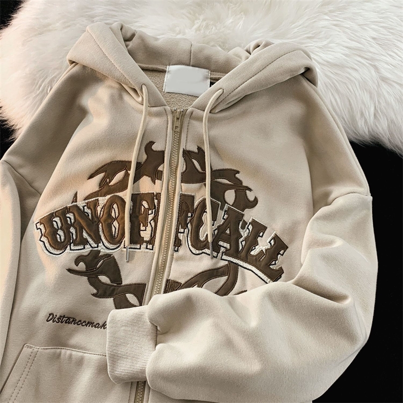 

Vintage Letter Embroidered Zip Oversized Women Hoodie Fashion Y2K Harajuku Jacket Aesthetic Clothing Goth High Street Sweatshirt 220816