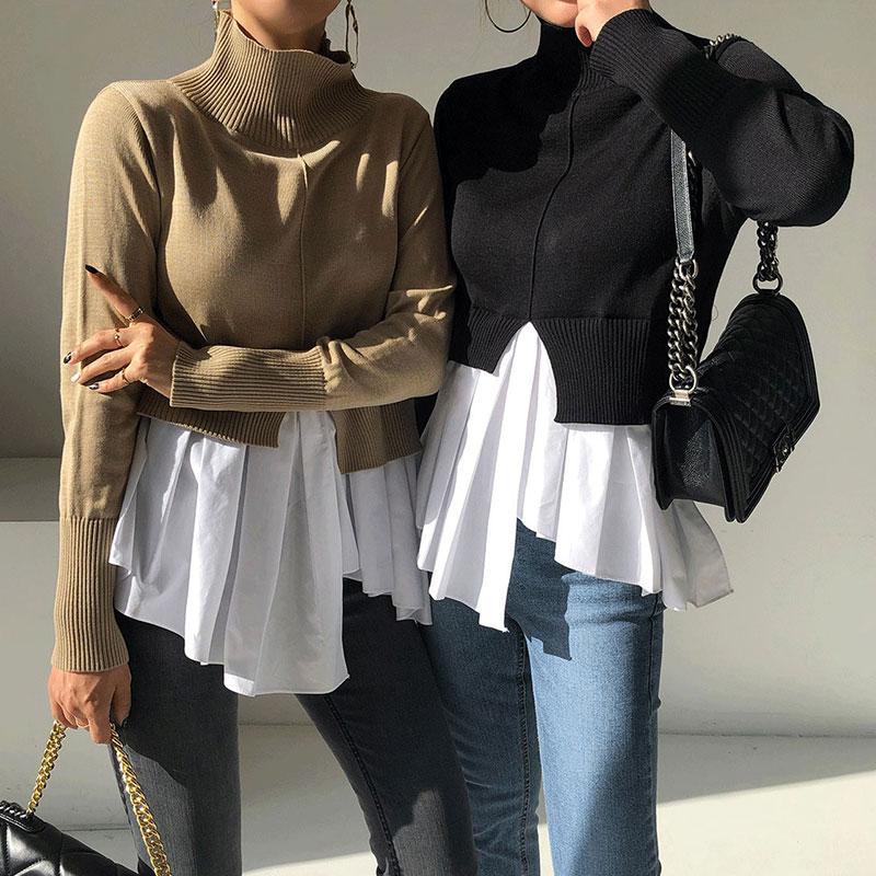 

Women's Blouses & Shirts Clothland Women Chic Knitted Spliced Blouse Turtleneck Long Sleeve Patchwork Stretchy Slim Stylish Shirt Sweater To, Khaki