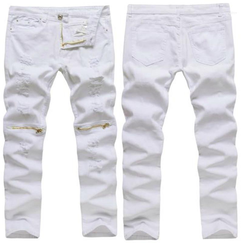 

Men's Jeans Wholesale- Mens White Ripped Cotton Distressed Skinny Thinning Cargo Zipper Above Knee Hip-Hop Male Trousers Jeans1, 0303 black